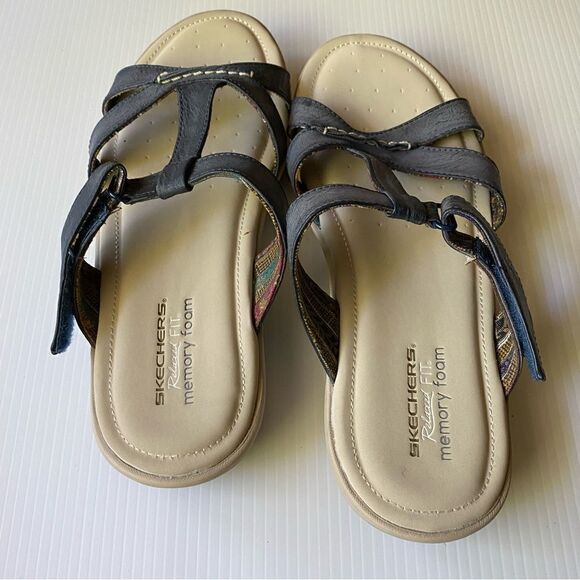 Skechers Relaxed fit memory foam slip on leather t strap sandals blue 8 - Picture 4 of 7
